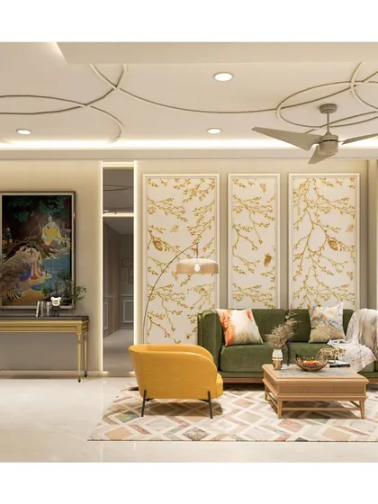 A wide view of the Ghatkopar living room concept, highlighting the custom wall panels and a mix of modern and traditional art.