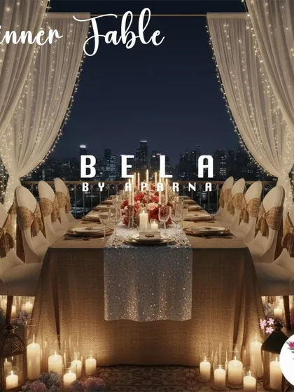 I also design intimate and romantic settings, like this dinner table for two overlooking a city skyline. The scene is set with hundreds of candles and cascading fairy lights, creating an unforgettable atmosphere for a proposal or special celebration.