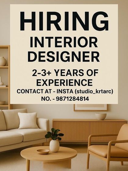 Studio Kritarc in New Delhi is hiring an Interior Designer with 2-3+ years of experience, with the ad set against a clean, modern living room.
