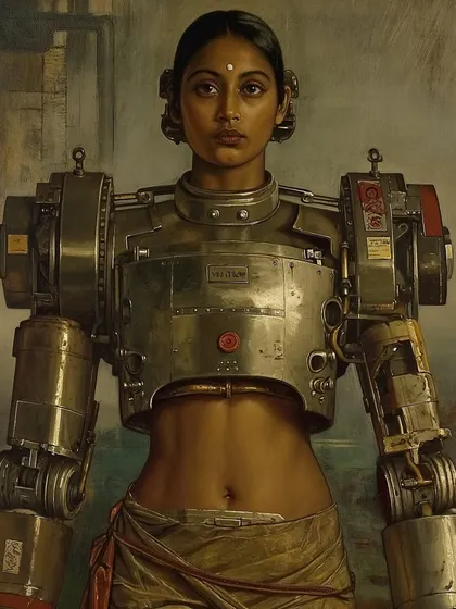 A female Yuntryodhā warrior, her body augmented with heavy mechanical arms. The Yuntryodhās are a race of warrior-engineers I created, dedicated to building a new universe.