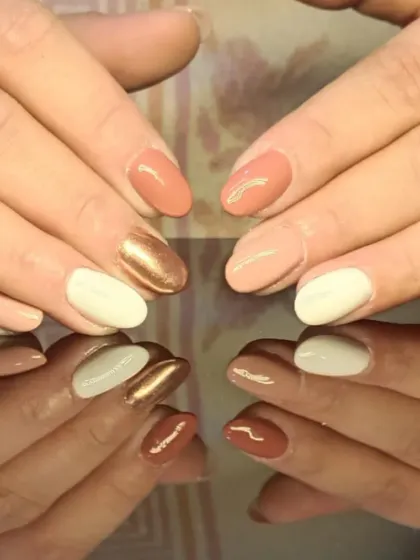 A sophisticated mix-and-match set using a palette of neutral tones including brown, beige, white, and a metallic bronze accent.