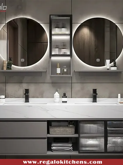 A contemporary vanity with dual backlit mirrors and a mix of open and closed storage. The fluted glass cabinet doors add texture and visual interest.