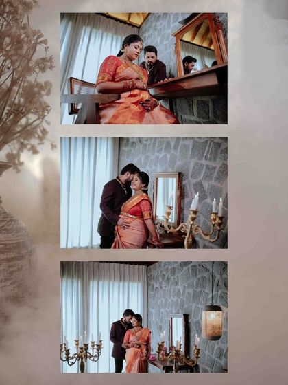 A three-photo story of the couple's indoor maternity session. The images progress from getting ready to sharing an intimate embrace, telling a complete story of their love.