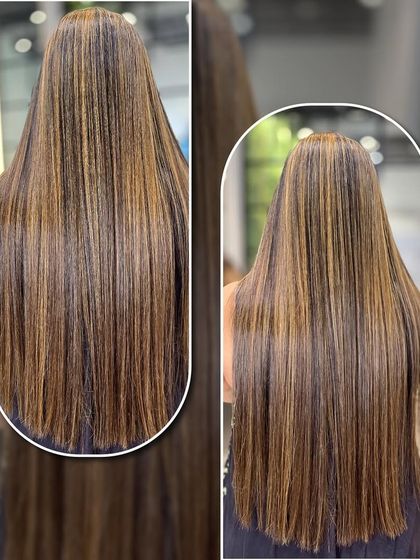 A collage showing the stunning results of a smoothing treatment. The hair is left looking incredibly shiny, straight, and healthy.