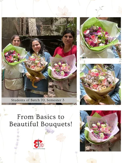 Our students from Batch 70 proudly display their hand-tied bouquets. This collage shows the variety of color palettes and flower combinations they learned to work with.