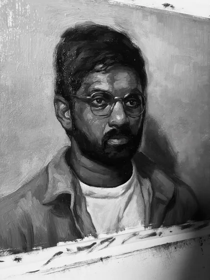 A black and white version of an oil portrait study. This view highlights the tonal values and structure of the face, which is the foundation of a strong portrait.