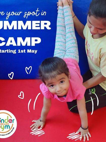 A call to "Save your spot" in our summer camp, featuring a student in a handstand.