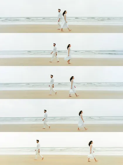 A film-strip sequence showing the couple walking towards each other on the beach, telling a simple story of coming together.