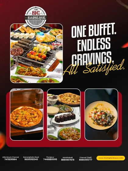 One buffet, endless cravings, all satisfied. This collage shows the variety from our live stations, including pizza, pasta, and our signature grills.