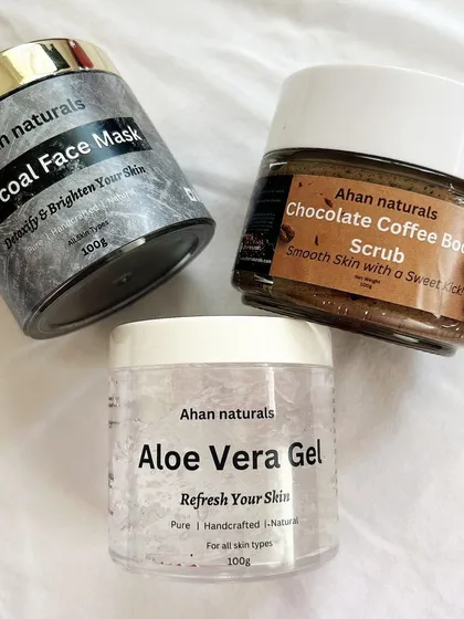 This Navratri combo features three of my essentials for a complete skin reset. It includes the Charcoal Face Mask, Chocolate Coffee Body Scrub, and Pure Aloe Vera Gel to detoxify, exfoliate, and soothe your skin.