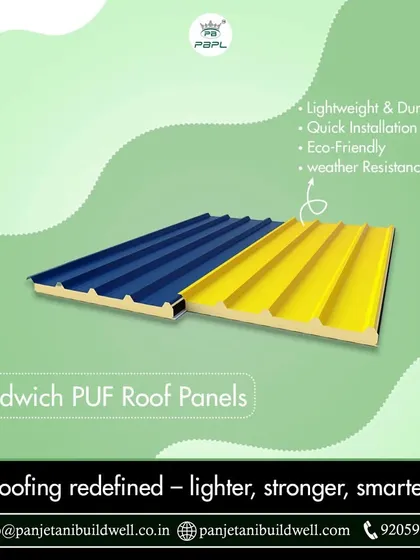 A display of our colorful sandwich PUF roof panels. We are redefining roofing by offering solutions that are lighter, stronger, and smarter, with benefits like durability and energy efficiency.