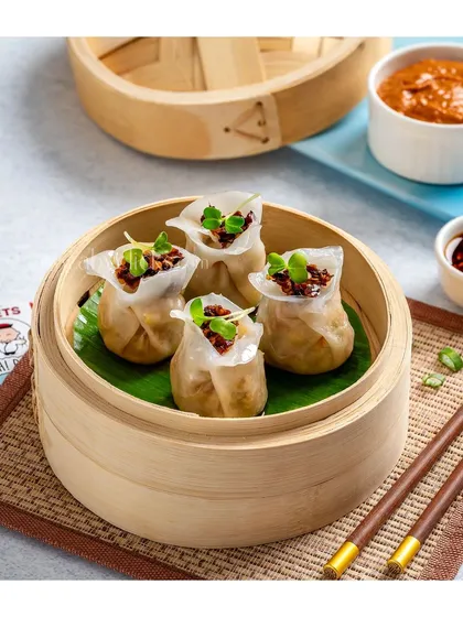 Open-faced siu mai style dumplings from Moets Oh! Bao.