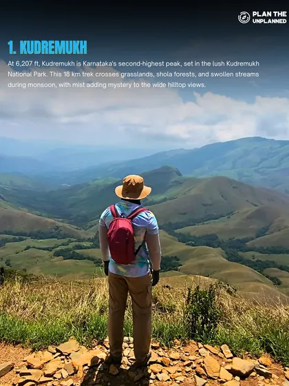 A trekker stands overlooking the rolling green hills of Kudremukh, one of Karnataka's highest peaks. This is the moment of peace and perspective we chase, a reward that makes every step of the climb worthwhile.