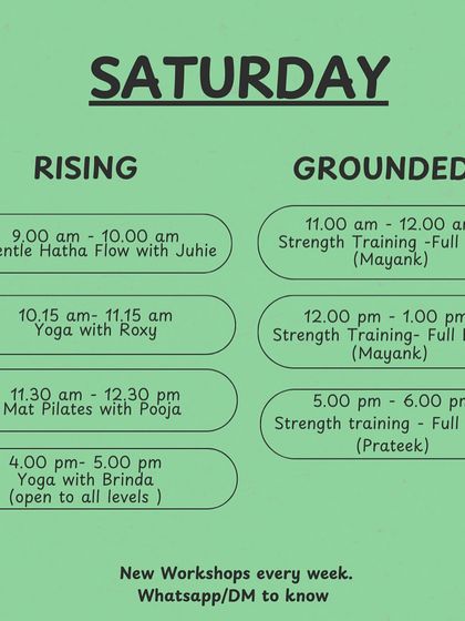 Kick off your weekend with our Saturday schedule, offering Gentle Hatha Flow, Mat Pilates, and full-body strength training sessions.