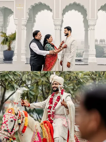 A collage showing the groom getting blessings from his parents and his joyful ride on a horse during the Baraat.
