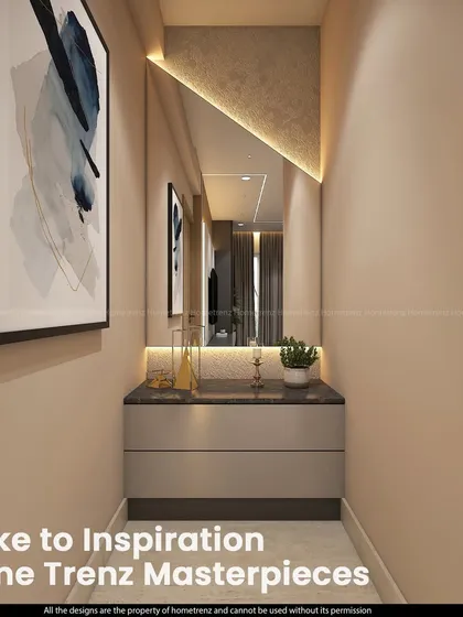 Wake to inspiration. This vanity nook features a sleek console table, a beautifully shaped mirror with asymmetrical backlighting, and carefully chosen decor.