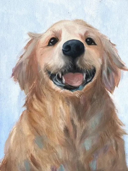 This heartwarming portrait of a golden retriever was painted by a student in our oil painting course. The brushwork perfectly captures the dog's joyful expression.