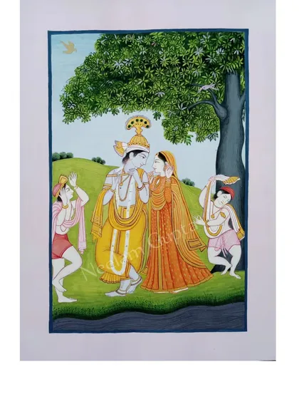 A Pahari miniature painting showing the divine love of Radha and Krishna. I create these pieces using traditional methods and natural earth colours on paper, focusing on the delicate expressions and details that define the Guler style of art.
