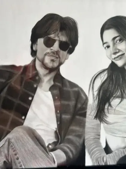 The final framed A2 portrait of the client with Shah Rukh Khan, a unique and personalized piece of fan art.