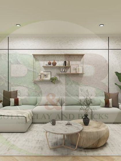 A frontal view of the Bohemian-inspired living area. We used a neutral wall with subtle paneling as a backdrop, allowing the natural textures of the furniture and the greenery of the plants to stand out.
