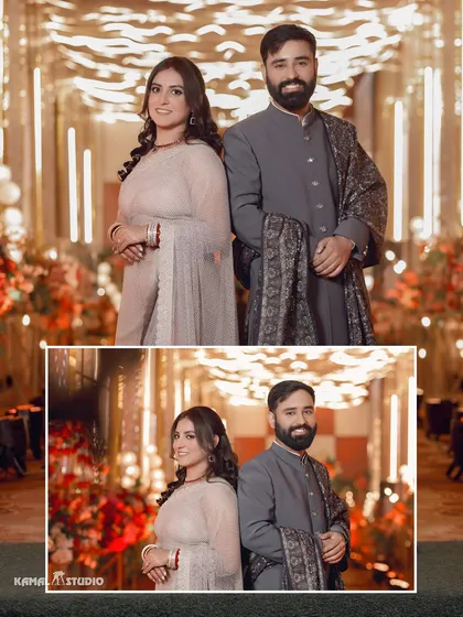 A diptych of the couple posing back-to-back, set against the warm, festive lights of their reception venue.