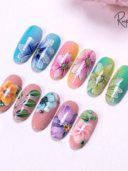 A full set of my gel-painted flowers, showcasing a variety of species and color combinations.