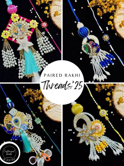 A collage showcasing some of my most popular paired Rakhi sets. You can see the variety in designs, from traditional Radha Krishna and peacock motifs to modern floral patterns.