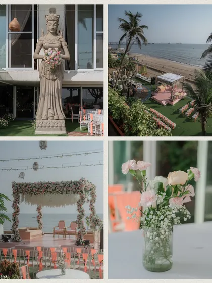 A collage showcasing the beautiful beachside wedding decor, with a stunning mandap overlooking the sea.
