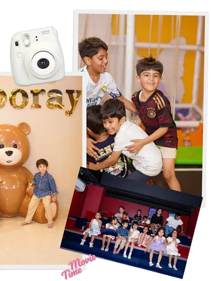 A collage showing the different facets of fun at Wooray Elite: kids playing together, posing with our giant teddy bear, and enjoying a movie in our private theatre.