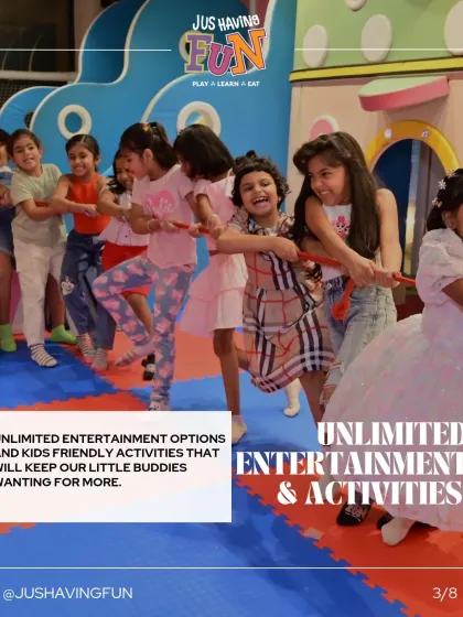 The sound of laughter is our favorite part of any party. Here, kids are engaged in a friendly game of tug-of-war, one of the many interactive entertainment options we provide to keep the energy high and ensure everyone is having a fantastic time.