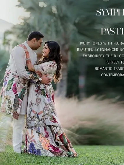 A symphony of pastels for this Sangeet. The couple's custom Varun Bahl outfits feature ivory tones with floral prints and elegant embroidery, a perfect fusion of romance and contemporary flair.