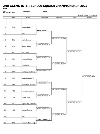 The tournament draw for the Boys Under-9 category, providing a clear overview of the match schedule.