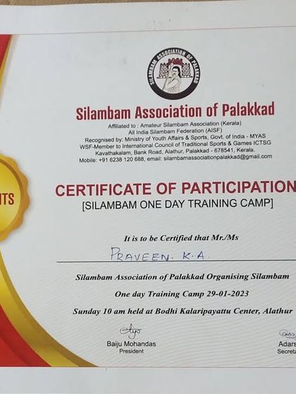 My certificate of participation from a one-day Silambam training camp. I am passionate about learning traditional Indian martial arts.