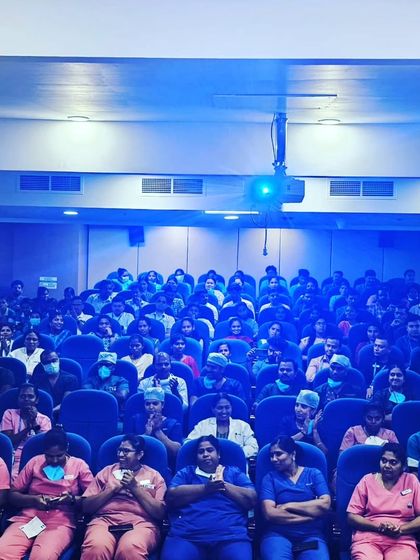 The audience, including doctors and nurses in their uniforms, enjoying our music at Narayana Health.