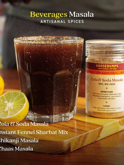 My collection of Beverages Masala is perfect for elevating your drinks. This image features the Cola & Soda Masala, part of a range that also includes mixes for Shikanji, Chaas, and Instant Fennel Sharbat.