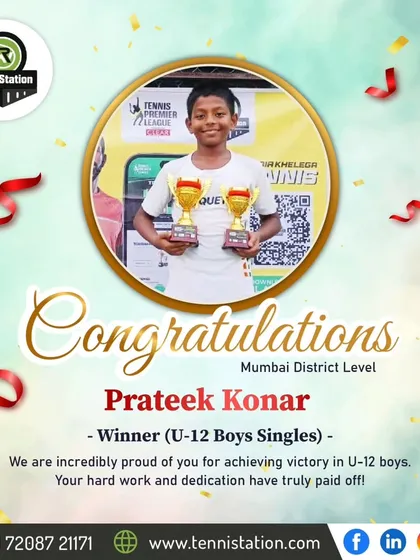 Victory for Prateek Konar! We are proud to congratulate him on winning the U-12 Boys Singles at the Mumbai District Level tournament.