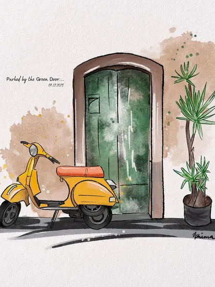 A sunny yellow Vespa parked by a green door. This vibrant illustration captures a slice of life with a pop of color, perfect for a cheerful and stylish art print.