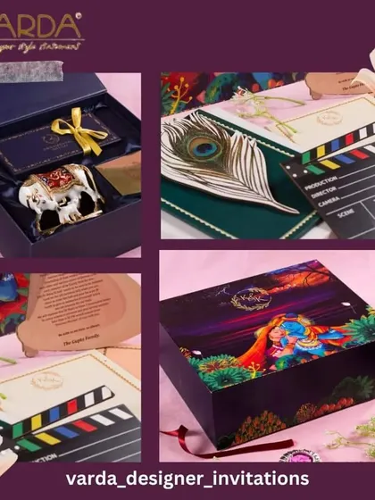 This collage displays a creative, movie-themed wedding invitation box. It includes a clapperboard-style card and other unique elements like a peacock feather and an elephant idol, perfect for a fun and imaginative couple.