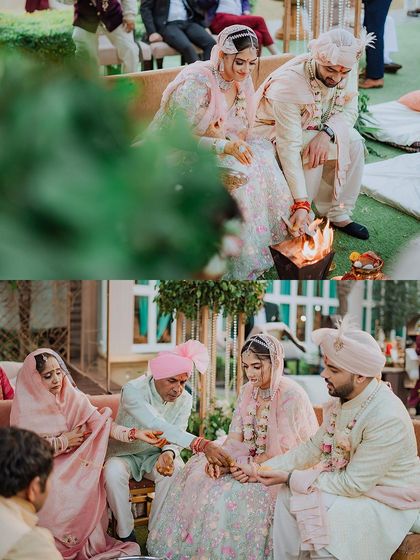 Close-up shots of the rituals during a Hindu wedding ceremony, focusing on the hands and the sacred fire.