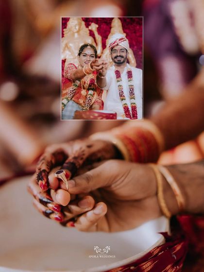 An artistic collage focusing on the ring exchange, a symbol of the couple's commitment to each other.