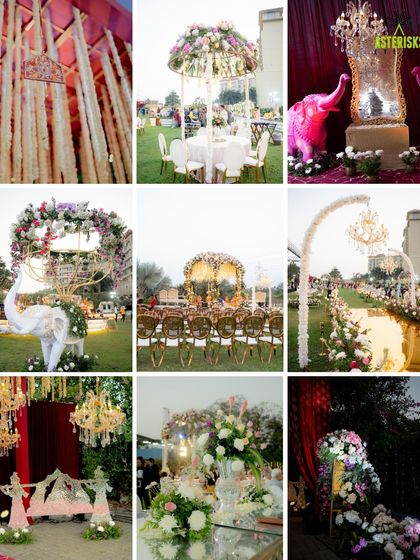 A mood board showcasing our expertise in creating mesmerizing mandaps and Varmala setups, from floral arches to grand elephant motifs.