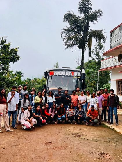 The whole team in front of our bus, the vehicle that takes us to our adventures.