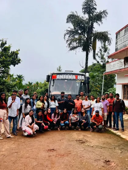 The whole group together before heading out for the day's adventure. I manage all transportation, including comfortable buses for large corporate or college teams, for a hassle-free trip from Bangalore.