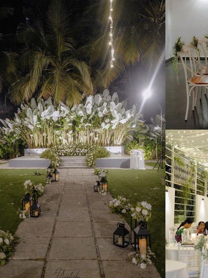 A collage of the reception decor at night, showing the beautifully lit aisle, stage, and seating areas, creating a warm and inviting ambiance.