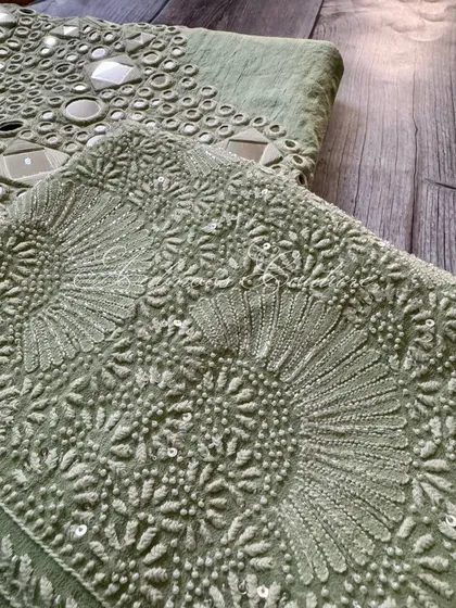 A detail shot comparing the texture of the Chikankari jaal with the mirrorwork border.