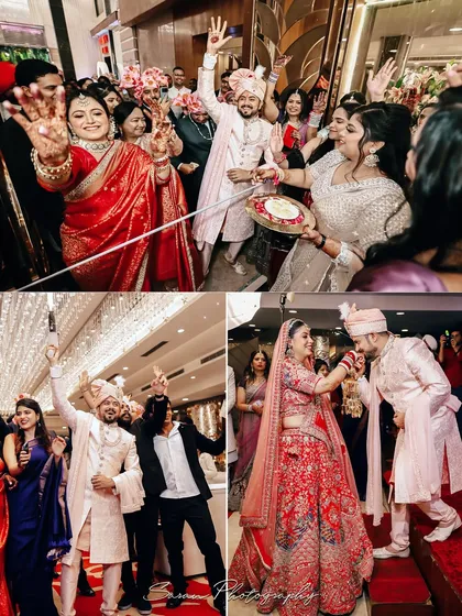 A collage of candid moments from the wedding, showing the couple's joyful entry and the groom kissing the bride's hand.