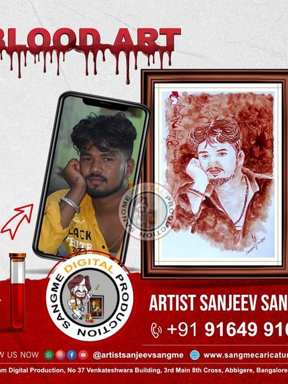 This blood art portrait showcases a young man's confident and relaxed pose. I work to translate the mood of the original photograph into the final artwork, ensuring the personality shines through.