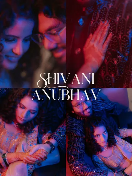 A moody and artistic collage from Shivani and Anubhav's Sangeet. I used dramatic red and blue lighting to create a series of intimate, high-fashion portraits that reflect their deep connection.
