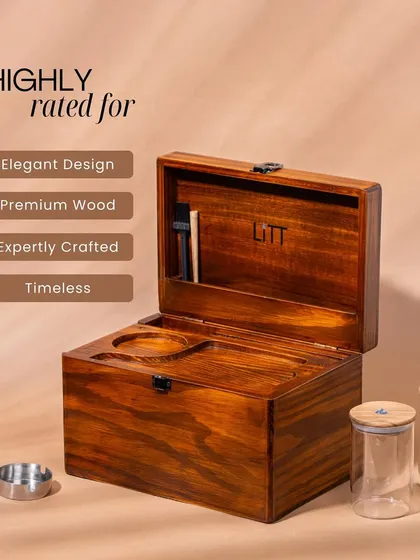 A shot of the wooden LIIT stash box, emphasizing its rich grain and timeless design. The lighting is carefully controlled to bring out the texture and quality of the wood.