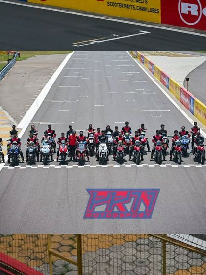 A group photo of all participants and their bikes lined up on the main straight. This captures the scale of our events and the community we build.